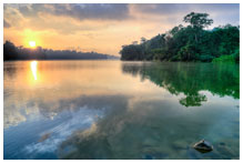 A countryside scene reflected in water