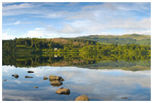 A still loch with hills reflecting in the water